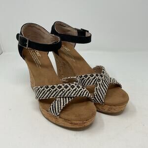 Toms Sienna Wedge Sandal Womens 7.5 Black Strappy Ankle Strap Cork Platform